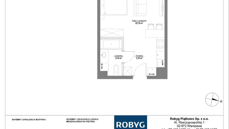Rzut - Mieszkanie na sprzedaż 1 pokój o powierzchni 31,22 m² - numer 2M13 w Początek Piątkowo bud. F