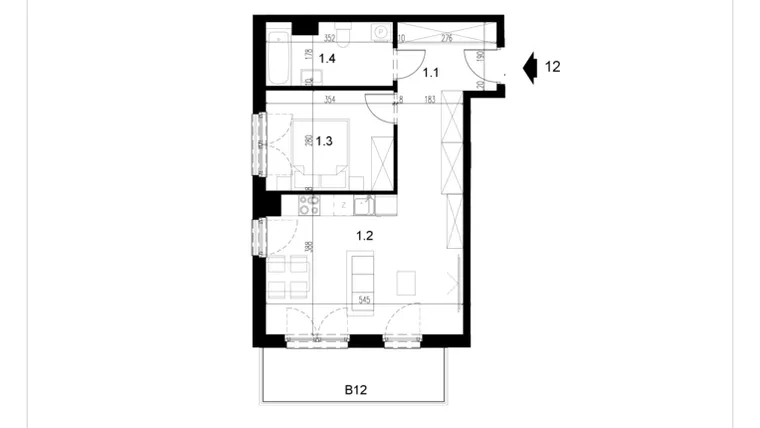 Rzut - Mieszkanie na sprzedaż 2 pokoje o powierzchni 46,88 m² - numer LM12 w Kameralna Koszykarska