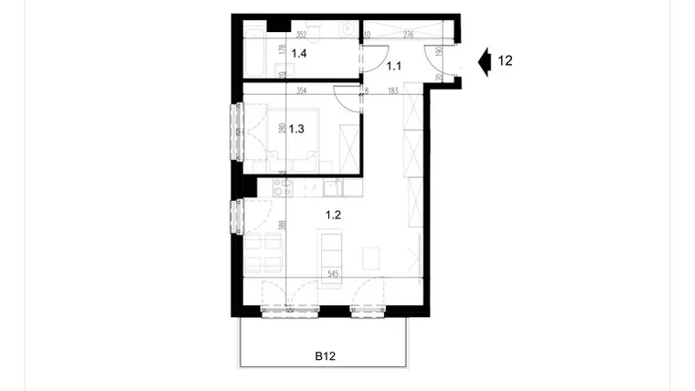 Rzut - Mieszkanie na sprzedaż 2 pokoje o powierzchni 46,88 m² - numer LM12 w Kameralna Koszykarska