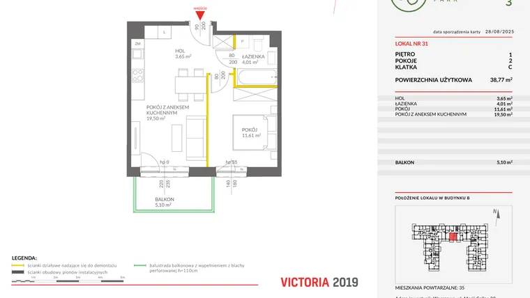 Rzut - Mieszkanie na sprzedaż 2 pokoje o powierzchni 38,77 m² - numer 31 w Olchowy Park III
