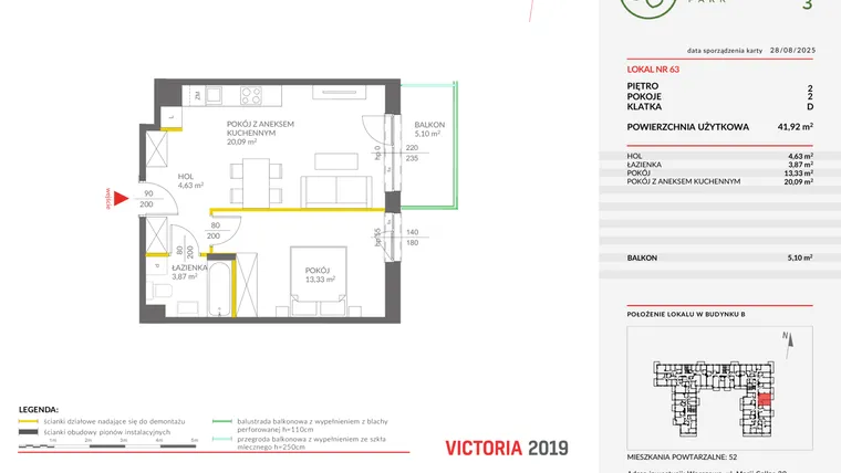 Rzut - Mieszkanie na sprzedaż 2 pokoje o powierzchni 41,92 m² - numer 63 w Olchowy Park III