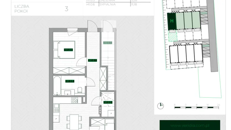 Rzut - Mieszkanie na sprzedaż 3 pokoje o powierzchni 57,5 m² - numer H1 w Zielona Krzyszkowicka