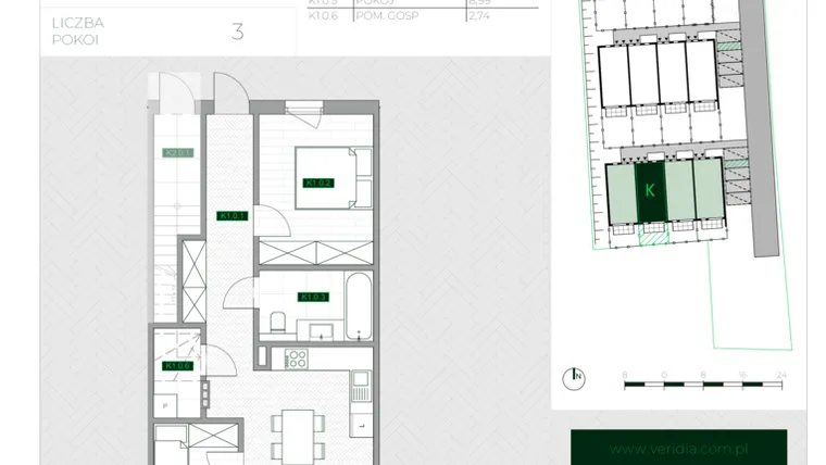 Rzut - Mieszkanie na sprzedaż 3 pokoje o powierzchni 57,5 m² - numer K1 w Zielona Krzyszkowicka