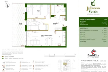 Rzut - Mieszkanie na sprzedaż 3 pokoje o powierzchni 56,43 m² - numer 1 w Julianów Verde