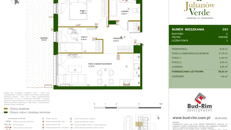 Rzut - Mieszkanie na sprzedaż 3 pokoje o powierzchni 56,43 m² - numer 1 w Julianów Verde