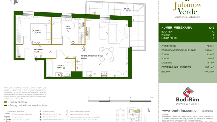 Rzut - Mieszkanie na sprzedaż 3 pokoje o powierzchni 53,71 m² - numer 13 w Julianów Verde