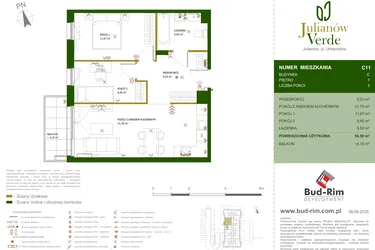 Rzut - Mieszkanie na sprzedaż 3 pokoje o powierzchni 56,5 m² - numer 11 w Julianów Verde