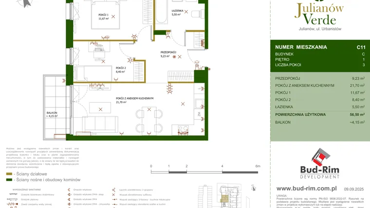 Rzut - Mieszkanie na sprzedaż 3 pokoje o powierzchni 56,5 m² - numer 11 w Julianów Verde