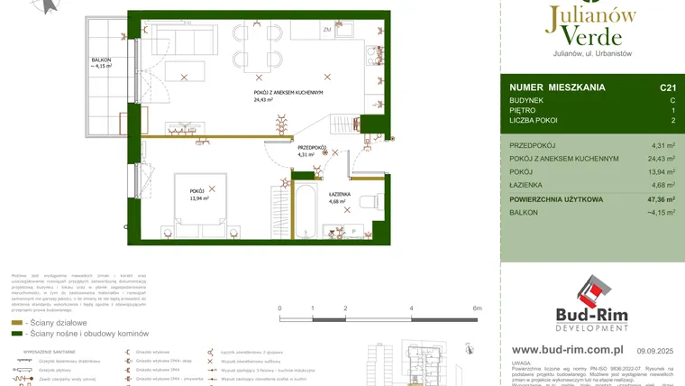 Rzut - Mieszkanie na sprzedaż 2 pokoje o powierzchni 47,36 m² - numer 21 w Julianów Verde
