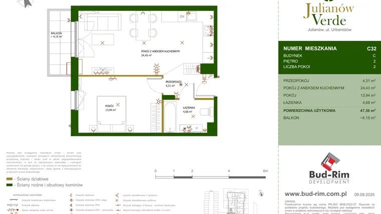 Rzut - Mieszkanie na sprzedaż 2 pokoje o powierzchni 47,36 m² - numer 32 w Julianów Verde