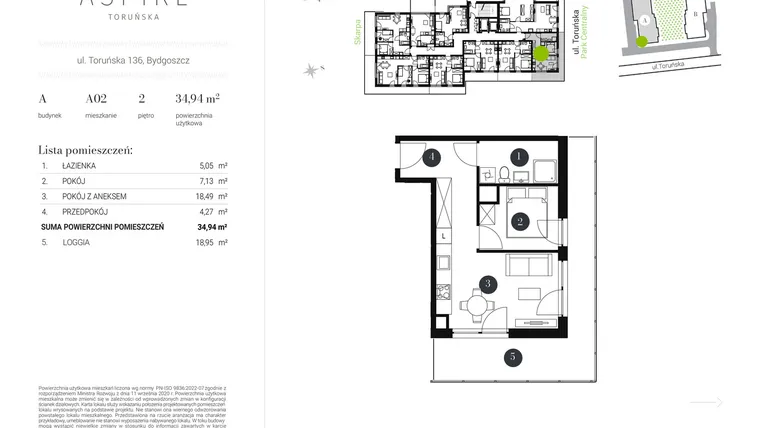 Rzut - Mieszkanie na sprzedaż 2 pokoje o powierzchni 34,94 m² - numer A.2 w Aspire