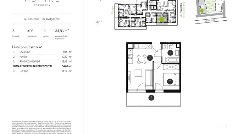 Rzut - Mieszkanie na sprzedaż 2 pokoje o powierzchni 34,83 m² - numer A.3 w Aspire