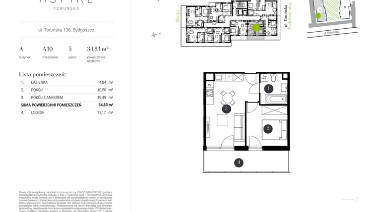 Rzut - Mieszkanie na sprzedaż 2 pokoje o powierzchni 34,83 m² - numer A.30 w Aspire