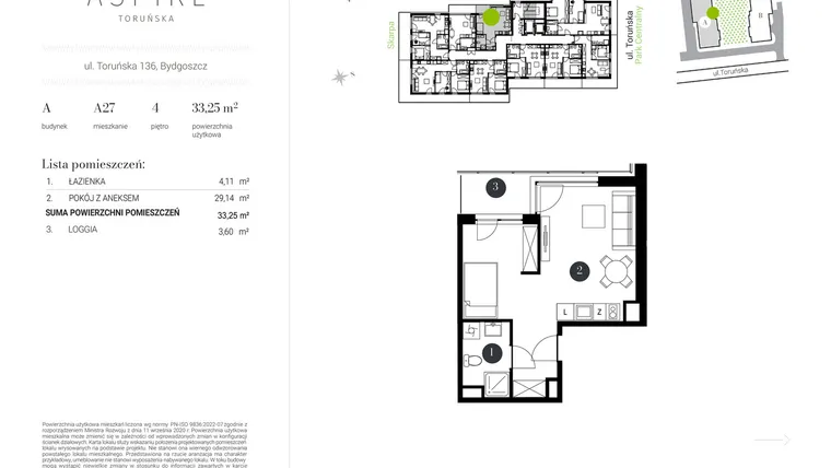 Rzut - Mieszkanie na sprzedaż 1 pokój o powierzchni 33,25 m² - numer A.27 w Aspire