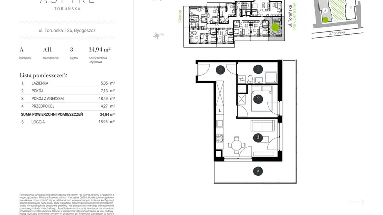 Rzut - Mieszkanie na sprzedaż 2 pokoje o powierzchni 34,94 m² - numer A.11 w Aspire