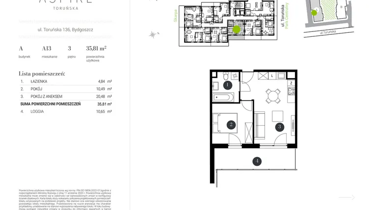 Rzut - Mieszkanie na sprzedaż 2 pokoje o powierzchni 35,81 m² - numer A.13 w Aspire