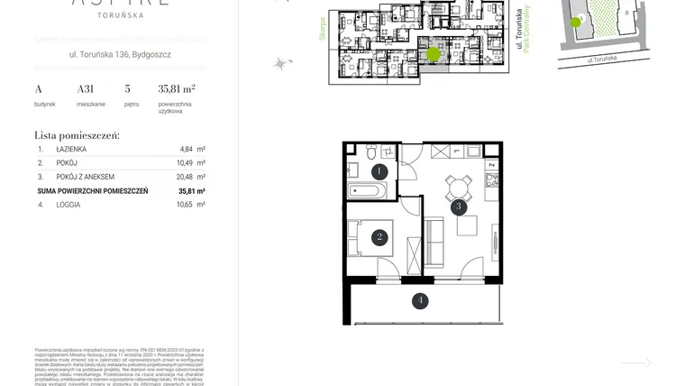 Rzut - Mieszkanie na sprzedaż 2 pokoje o powierzchni 35,81 m² - numer A.31 w Aspire