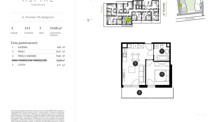 Rzut - Mieszkanie na sprzedaż 2 pokoje o powierzchni 34,68 m² - numer A.14 w Aspire