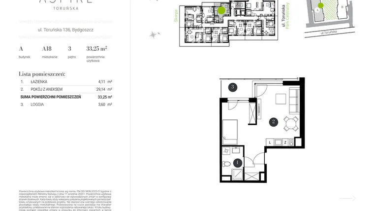 Rzut - Mieszkanie na sprzedaż 1 pokój o powierzchni 33,25 m² - numer A.18 w Aspire