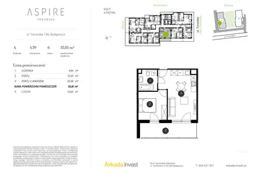 Rzut - Mieszkanie na sprzedaż 2 pokoje o powierzchni 35,81 m² - numer A.39 w Aspire