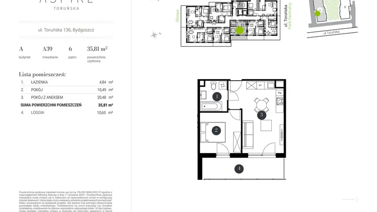 Rzut - Mieszkanie na sprzedaż 2 pokoje o powierzchni 35,81 m² - numer A.39 w Aspire