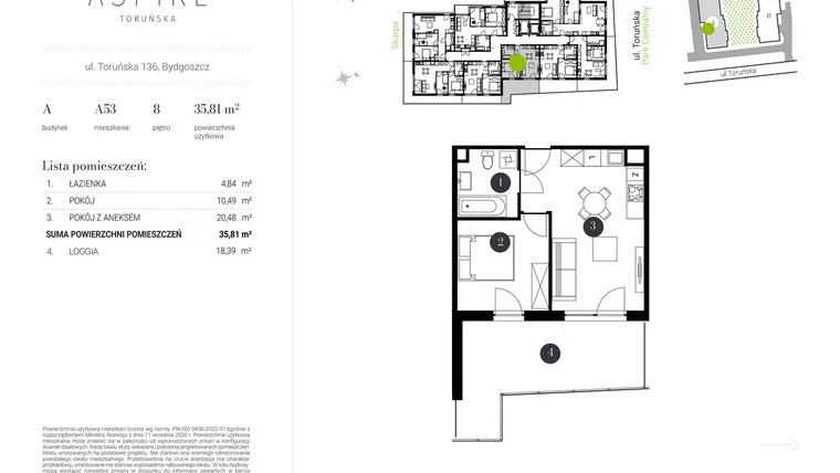 Rzut - Mieszkanie na sprzedaż 2 pokoje o powierzchni 35,81 m² - numer A.53 w Aspire