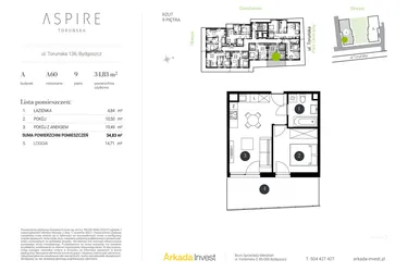 Rzut - Mieszkanie na sprzedaż 2 pokoje o powierzchni 34,83 m² - numer A.60 w Aspire