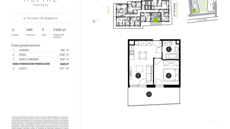 Rzut - Mieszkanie na sprzedaż 2 pokoje o powierzchni 34,83 m² - numer A.60 w Aspire