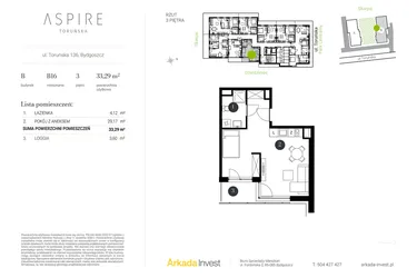 Rzut - Mieszkanie na sprzedaż 1 pokój o powierzchni 33,29 m² - numer B.16 w Aspire