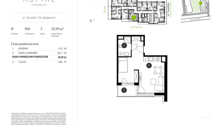 Rzut - Mieszkanie na sprzedaż 1 pokój o powierzchni 33,29 m² - numer B.16 w Aspire