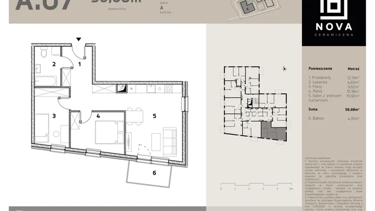 Rzut - Mieszkanie na sprzedaż 3 pokoje o powierzchni 56,68 m² - numer A7 w Nova Ceramiczna