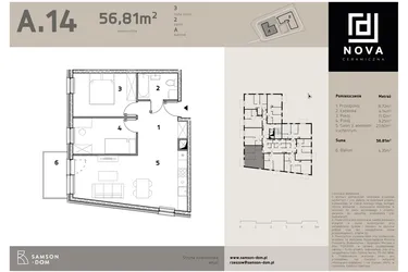 Rzut - Mieszkanie na sprzedaż 3 pokoje o powierzchni 56,81 m² - numer A14 w Nova Ceramiczna