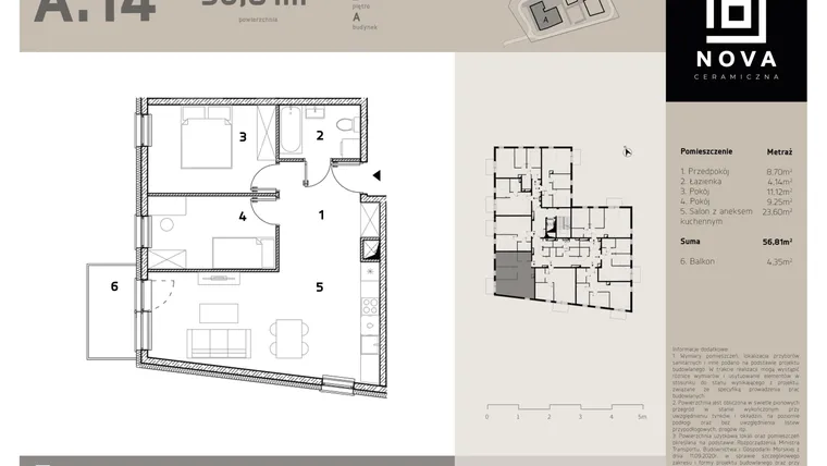 Rzut - Mieszkanie na sprzedaż 3 pokoje o powierzchni 56,81 m² - numer A14 w Nova Ceramiczna