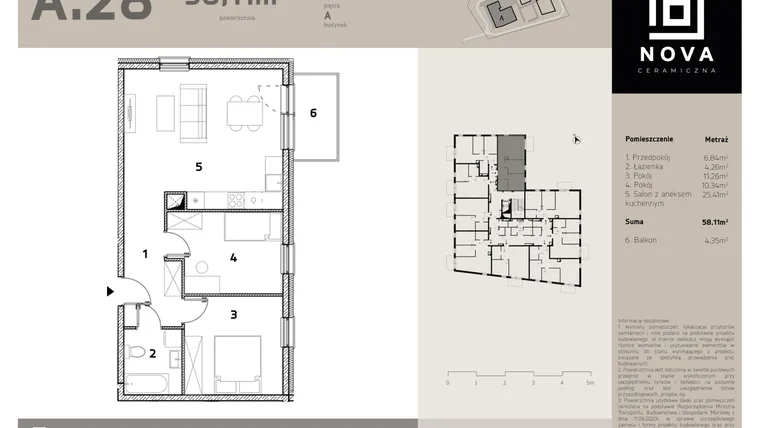 Rzut - Mieszkanie na sprzedaż 3 pokoje o powierzchni 58,11 m² - numer A28 w Nova Ceramiczna