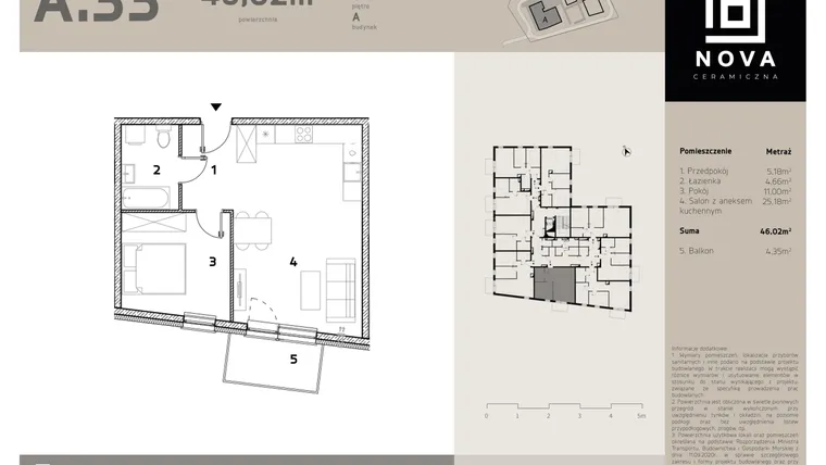 Rzut - Mieszkanie na sprzedaż 2 pokoje o powierzchni 46,02 m² - numer A33 w Nova Ceramiczna