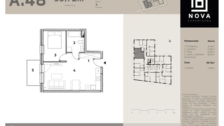 Rzut - Mieszkanie na sprzedaż 2 pokoje o powierzchni 39,72 m² - numer A48 w Nova Ceramiczna