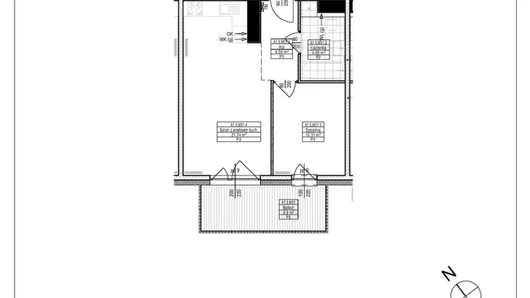 Rzut - Mieszkanie na sprzedaż 2 pokoje o powierzchni 41,49 m² - numer A1.31 w Osiedle Zielone bud. A1, B8