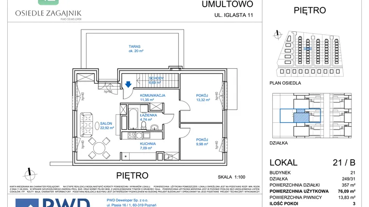 Rzut - Mieszkanie na sprzedaż 3 pokoje o powierzchni 76,09 m² - numer 21/B w Osiedle Zagajnik etap II - mieszkania