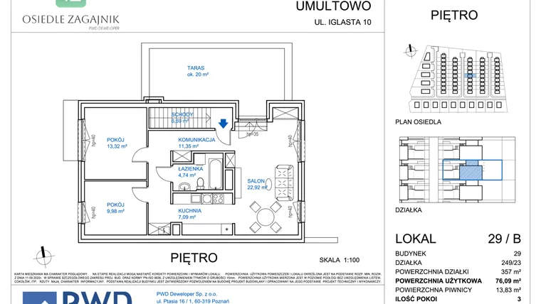 Rzut - Mieszkanie na sprzedaż 3 pokoje o powierzchni 76,09 m² - numer 29/B w Osiedle Zagajnik etap II - mieszkania