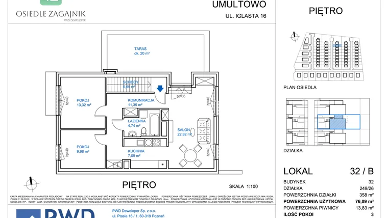 Rzut - Mieszkanie na sprzedaż 3 pokoje o powierzchni 76,09 m² - numer 32/B w Osiedle Zagajnik etap II - mieszkania
