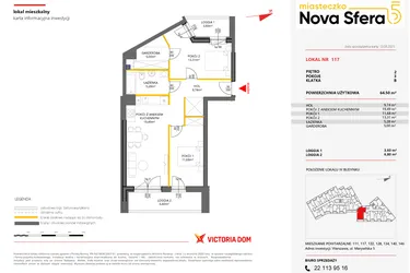 Rzut - Mieszkanie na sprzedaż 3 pokoje o powierzchni 64,5 m² - numer 117 w Miasteczko Nova Sfera 5