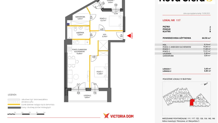 Rzut - Mieszkanie na sprzedaż 3 pokoje o powierzchni 64,5 m² - numer 117 w Miasteczko Nova Sfera 5