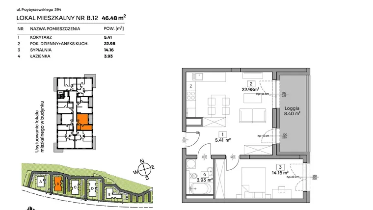 Rzut - Mieszkanie na sprzedaż 2 pokoje o powierzchni 46,48 m² - numer B.12 w Och!Widzew