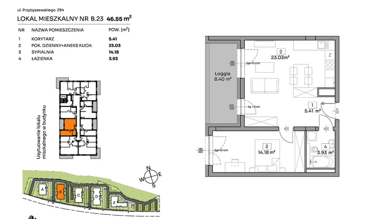 Rzut - Mieszkanie na sprzedaż 2 pokoje o powierzchni 46,55 m² - numer B.23 w Och!Widzew