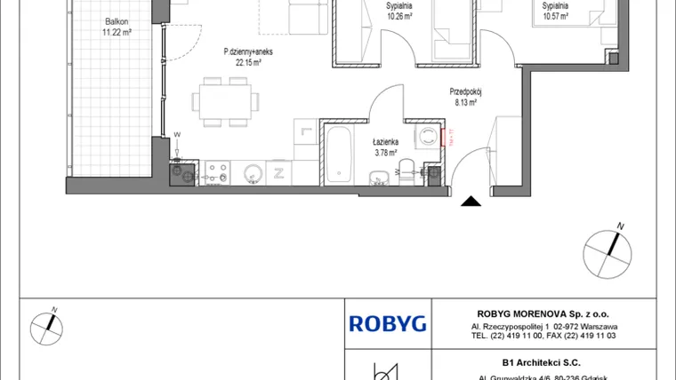 Rzut - Mieszkanie na sprzedaż 3 pokoje o powierzchni 54,89 m² - numer C.1M05 w Leszczyńskich 2