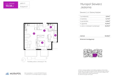 Rzut - Mieszkanie na sprzedaż 2 pokoje o powierzchni 50,58 m² - numer 27.A.3.4 w Murapol Siewierz Jeziorna bud. 27 i 28