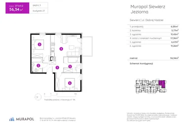 Rzut - Mieszkanie na sprzedaż 4 pokoje o powierzchni 56,34 m² - numer 27.A.3.2 w Murapol Siewierz Jeziorna bud. 27 i 28