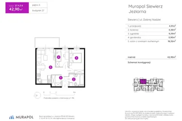 Rzut - Mieszkanie na sprzedaż 2 pokoje o powierzchni 42,9 m² - numer 27.A.3.8 w Murapol Siewierz Jeziorna bud. 27 i 28