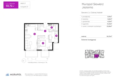 Rzut - Mieszkanie na sprzedaż 2 pokoje o powierzchni 50,72 m² - numer 27.A.2.4 w Murapol Siewierz Jeziorna bud. 27 i 28
