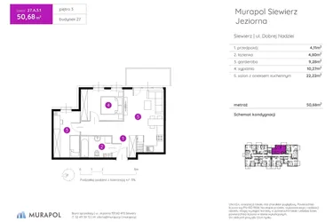 Rzut - Mieszkanie na sprzedaż 2 pokoje o powierzchni 50,68 m² - numer 27.A.3.1 w Murapol Siewierz Jeziorna bud. 27 i 28